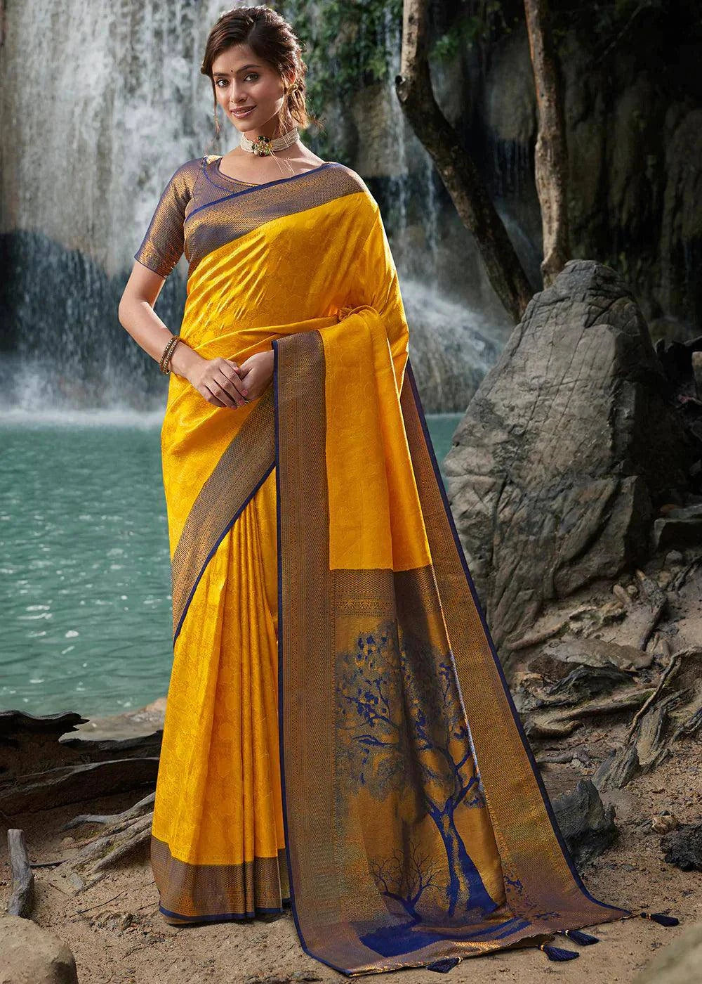 Aureolin Yellow Zari Woven Kanjivaram Silk Saree | Stitched Blouse - qivii