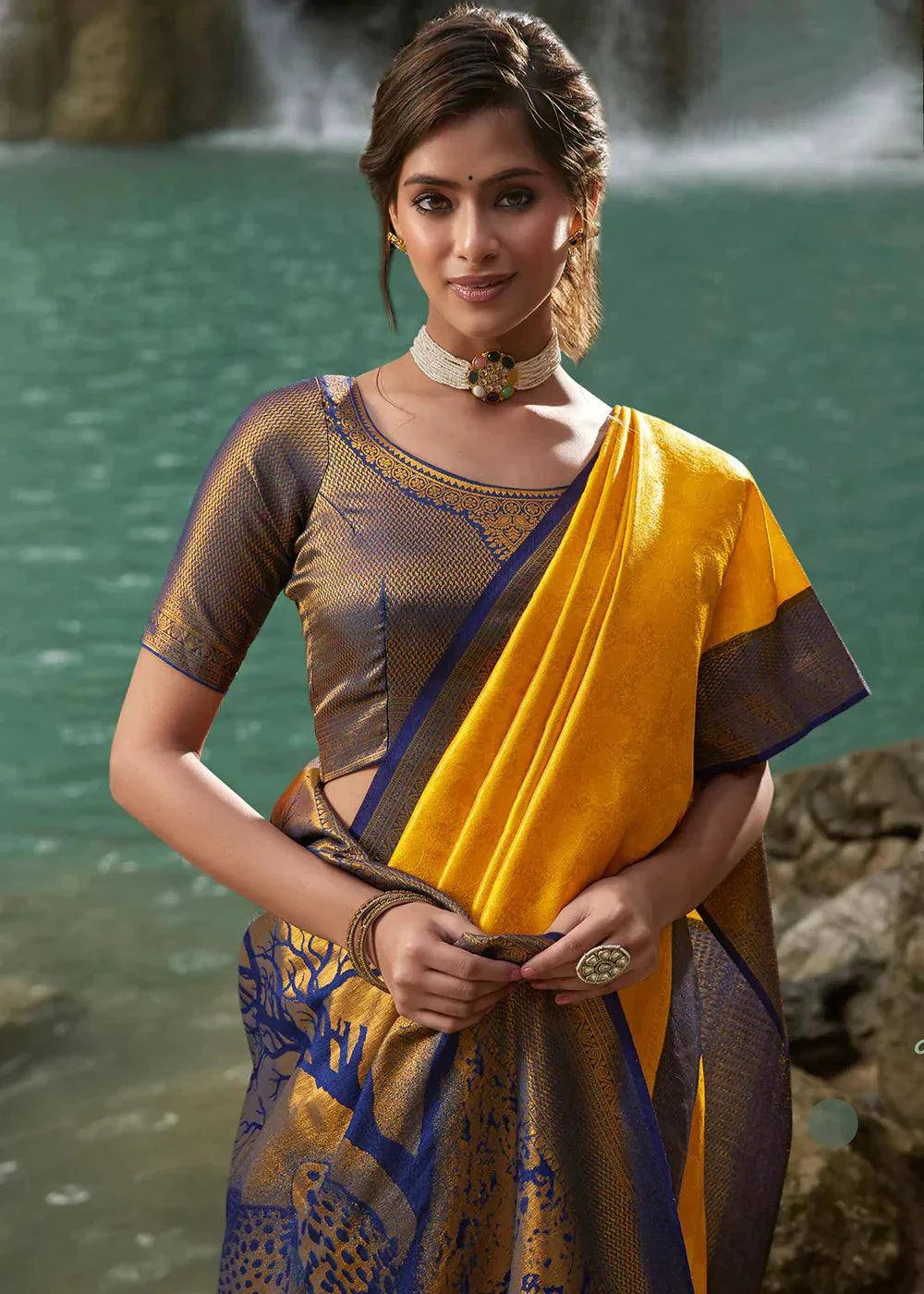 Aureolin Yellow Zari Woven Kanjivaram Silk Saree | Stitched Blouse - qivii