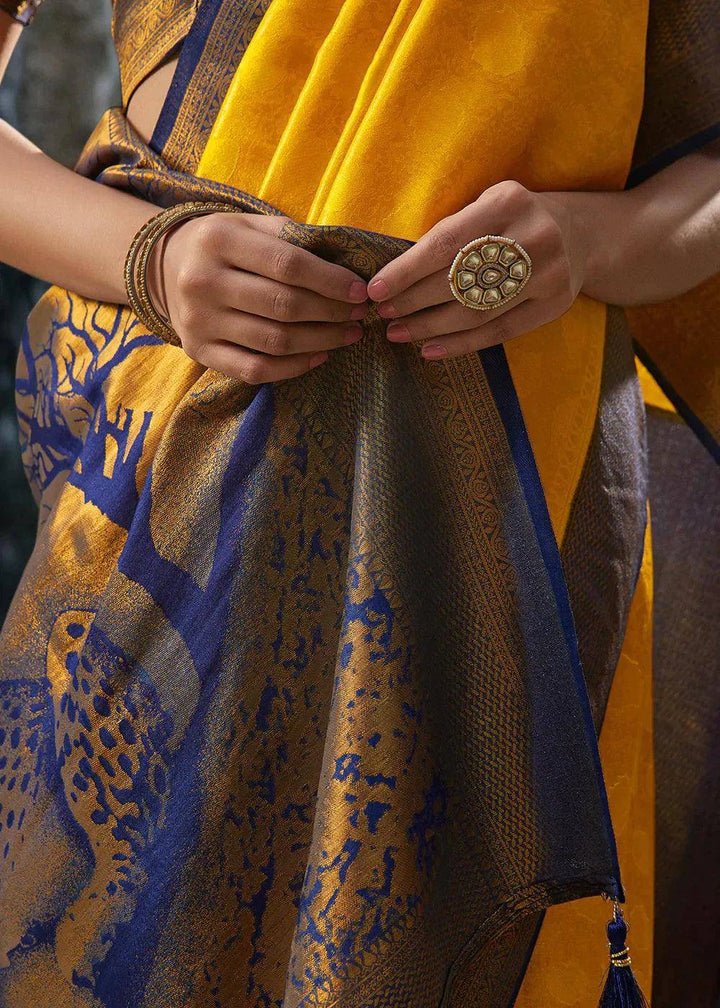 Aureolin Yellow Zari Woven Kanjivaram Silk Saree | Stitched Blouse - qivii