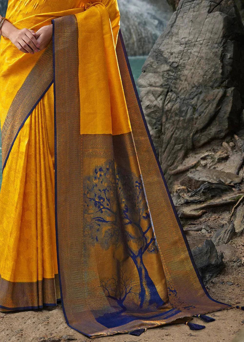 Aureolin Yellow Zari Woven Kanjivaram Silk Saree | Stitched Blouse - qivii