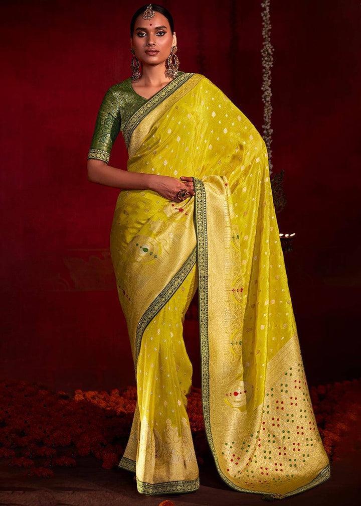 Aureolin Yellow Zari Woven Khadi Silk Saree with Contrast Blouse | Stitched Blouse - qivii