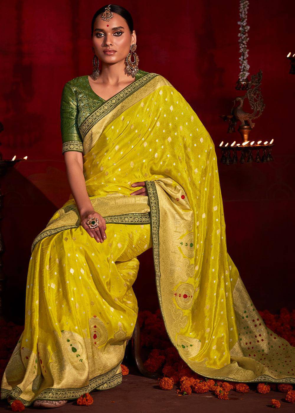 Aureolin Yellow Zari Woven Khadi Silk Saree with Contrast Blouse | Stitched Blouse - qivii