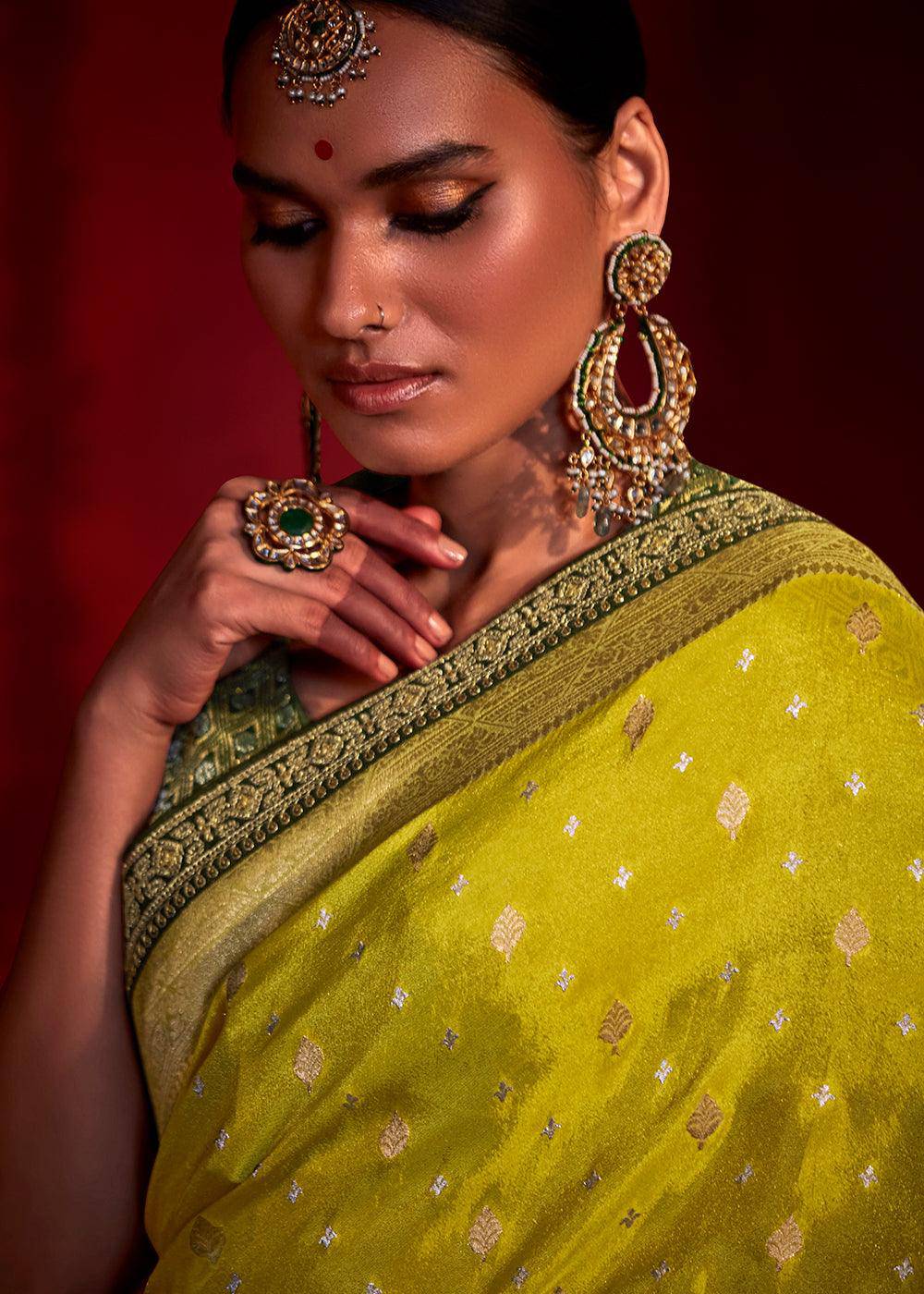 Aureolin Yellow Zari Woven Khadi Silk Saree with Contrast Blouse | Stitched Blouse - qivii