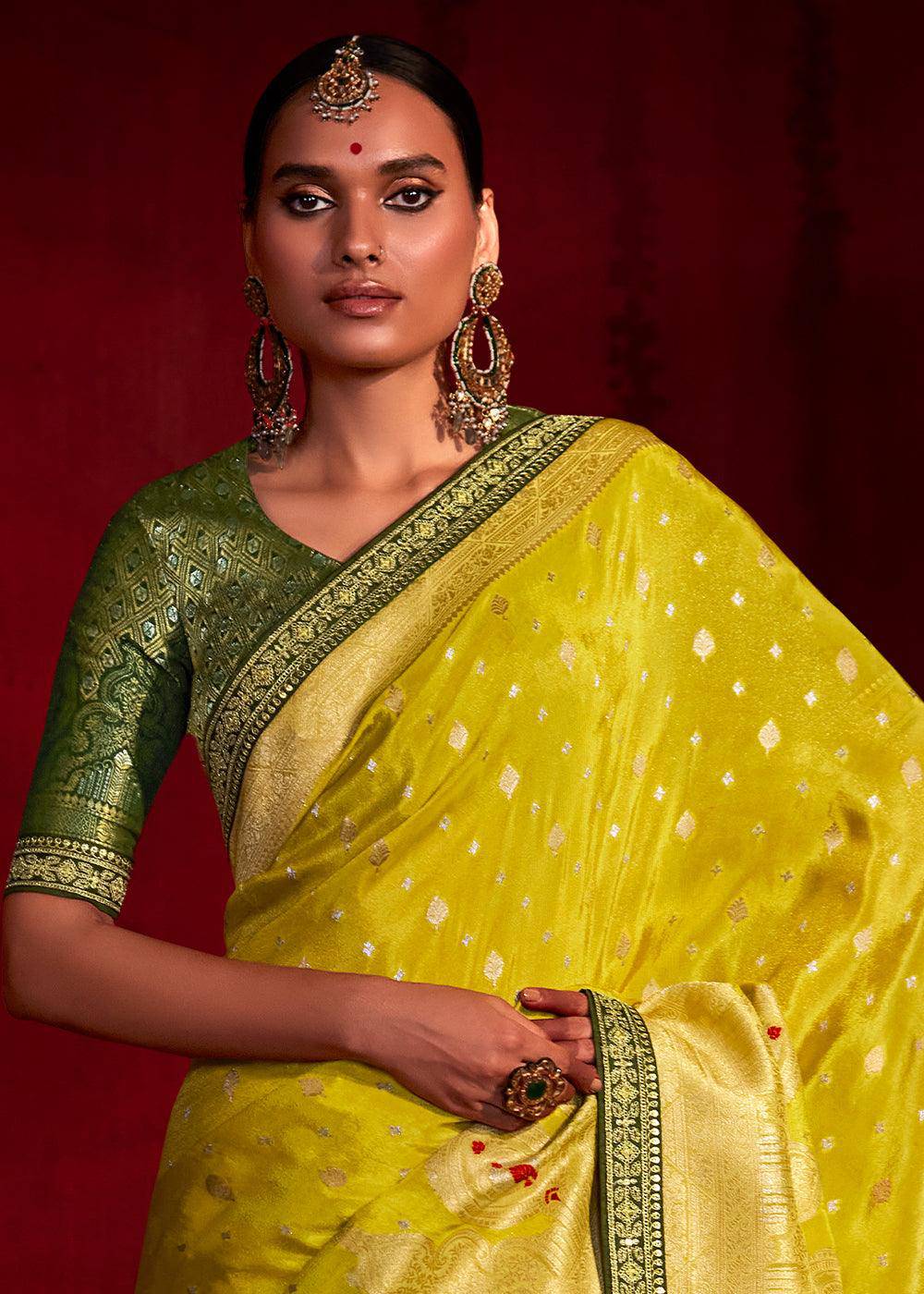 Aureolin Yellow Zari Woven Khadi Silk Saree with Contrast Blouse | Stitched Blouse - qivii