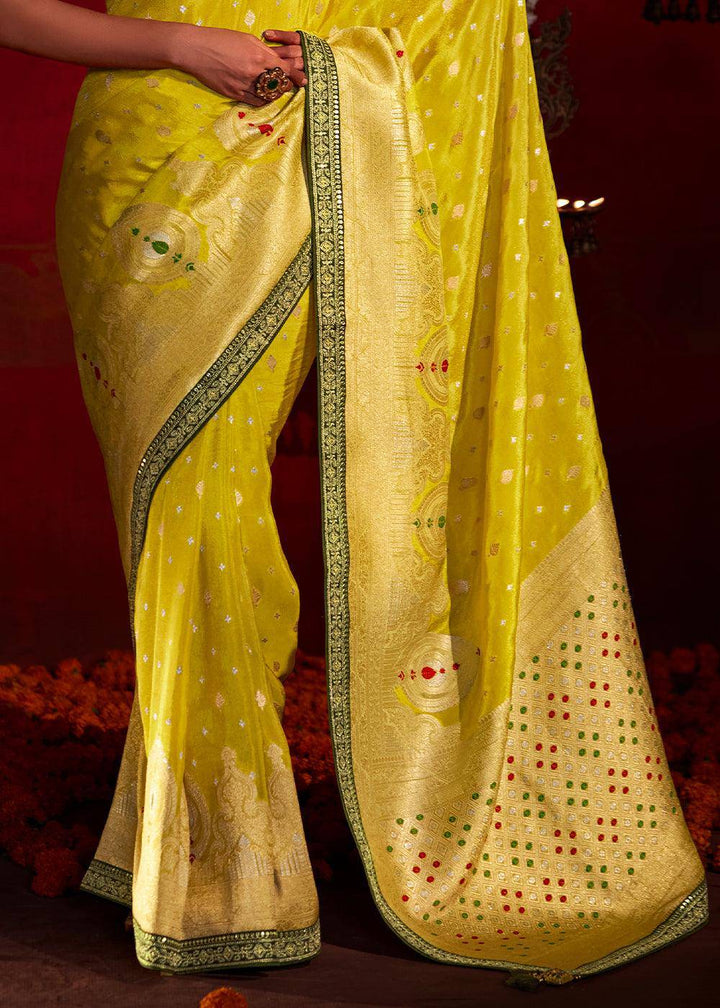 Aureolin Yellow Zari Woven Khadi Silk Saree with Contrast Blouse | Stitched Blouse - qivii