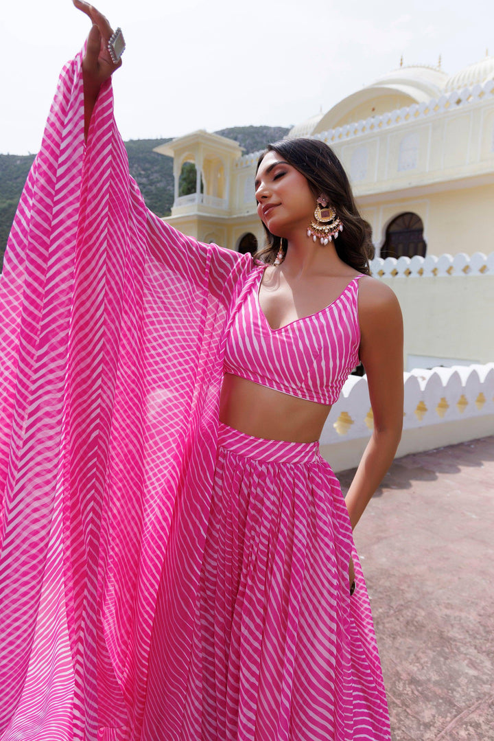 Aurora Pink Leheriya Lehenga Set - qivii