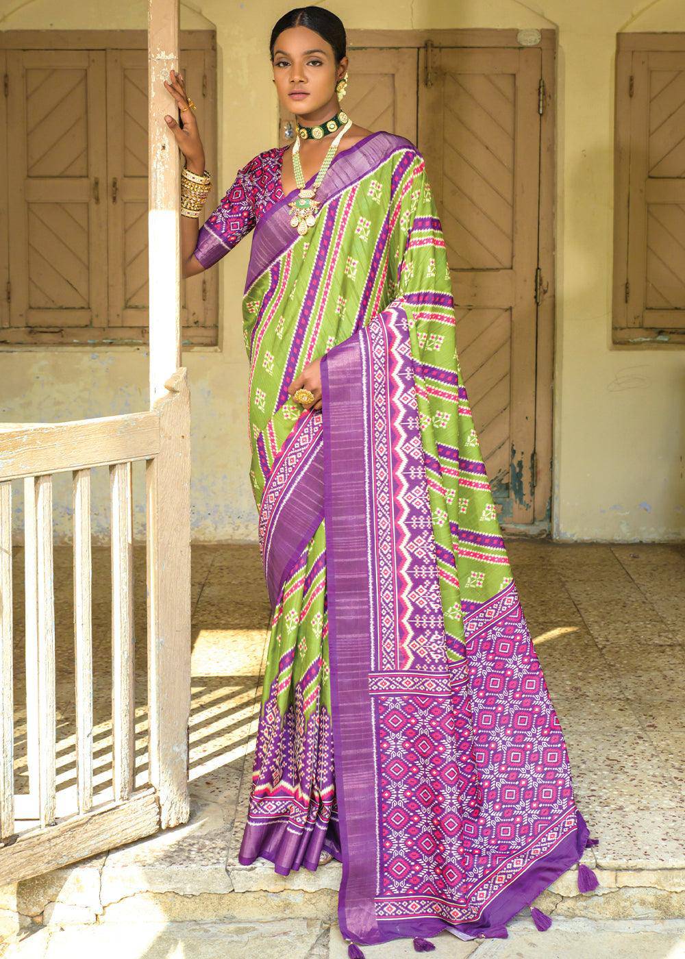 Avocado Green & Purple Patola Printed Dola Silk Saree | Stitched Blouse - qivii