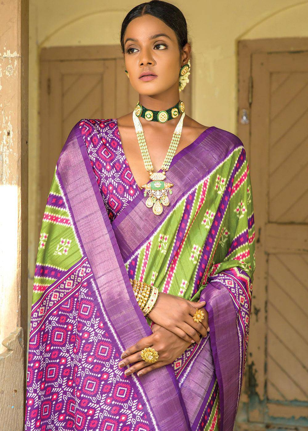 Avocado Green & Purple Patola Printed Dola Silk Saree | Stitched Blouse - qivii