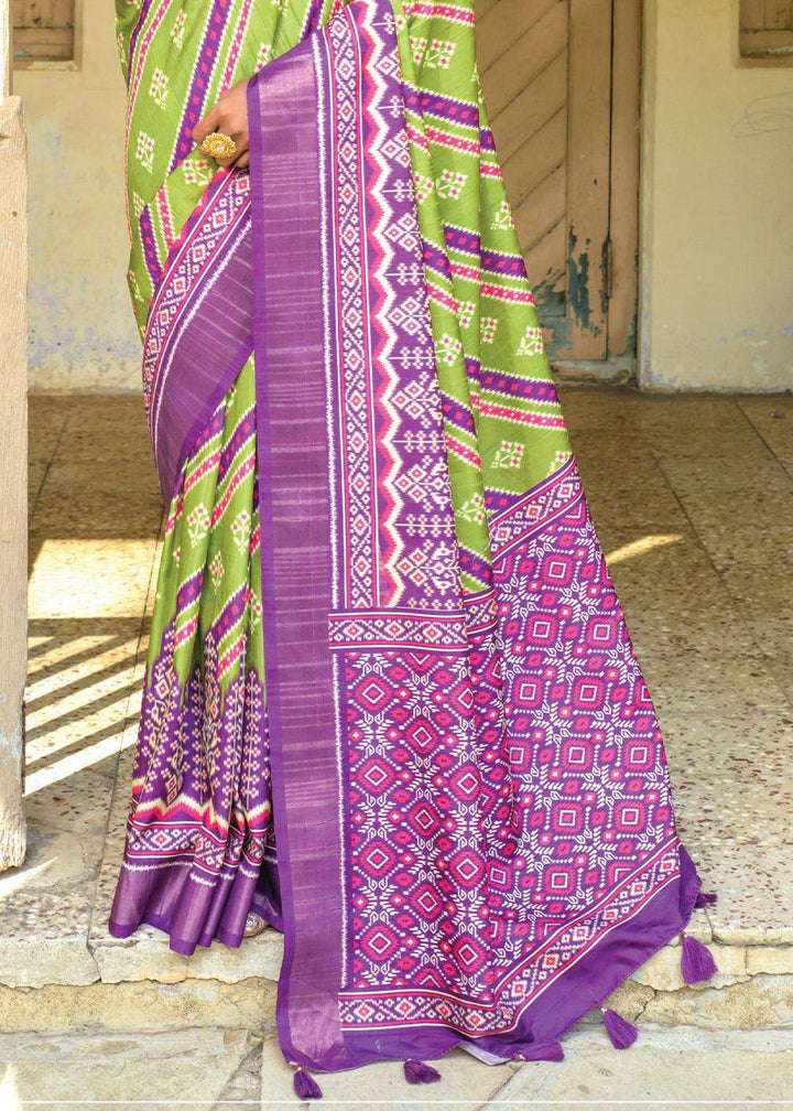 Avocado Green & Purple Patola Printed Dola Silk Saree | Stitched Blouse - qivii