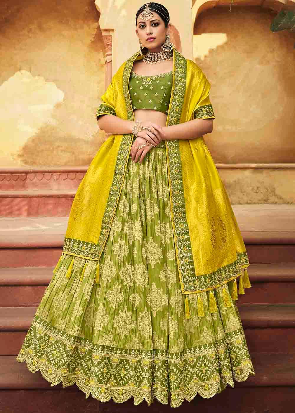 Avocado Green Banarasi Silk Lehenga Choli with Khatli work Embroidery - qivii