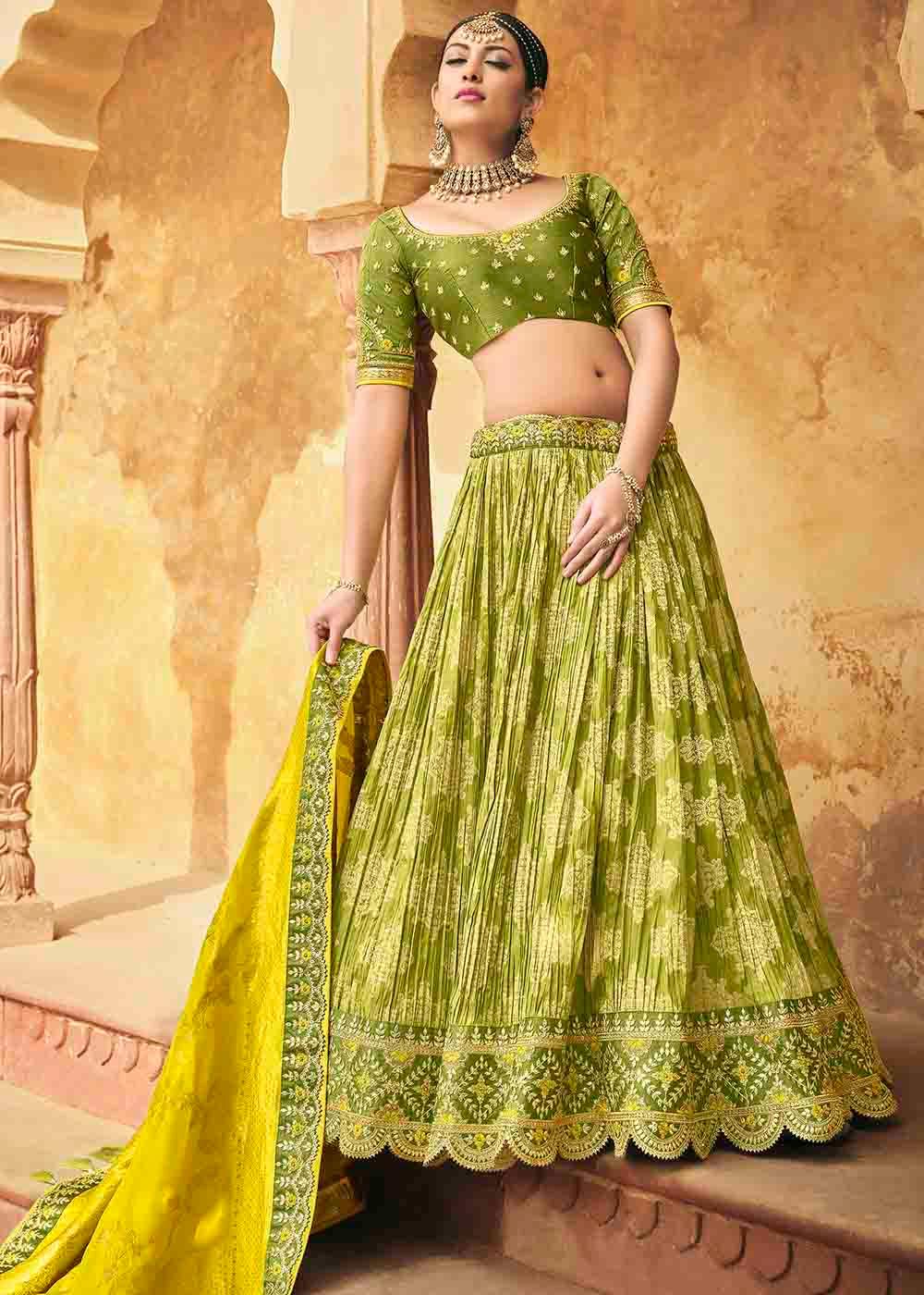 Avocado Green Banarasi Silk Lehenga Choli with Khatli work Embroidery - qivii