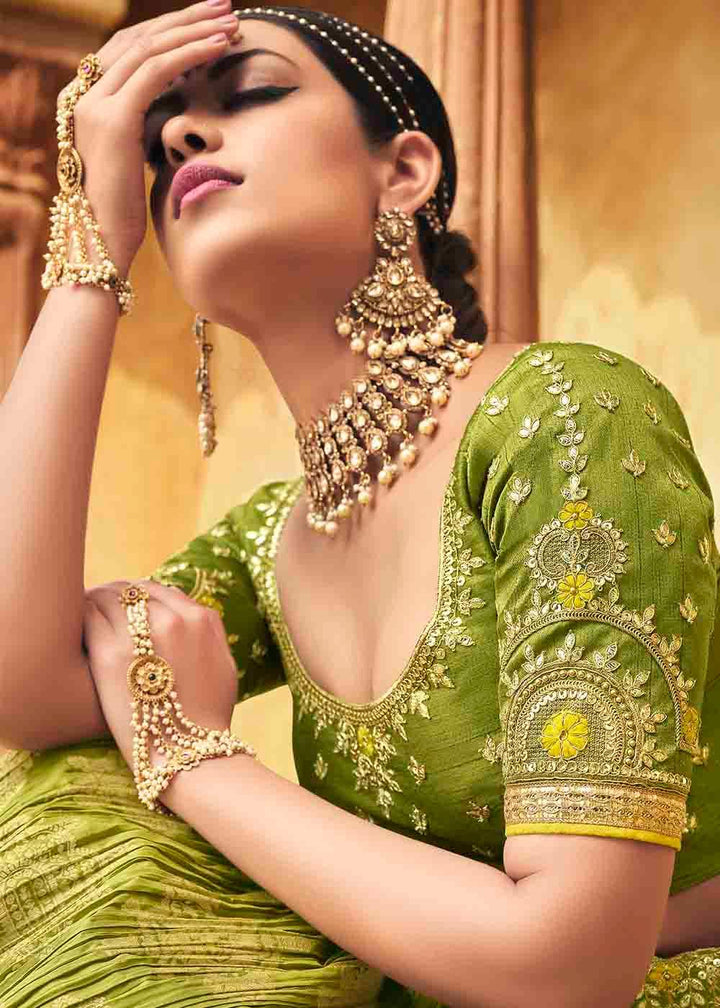 Avocado Green Banarasi Silk Lehenga Choli with Khatli work Embroidery - qivii