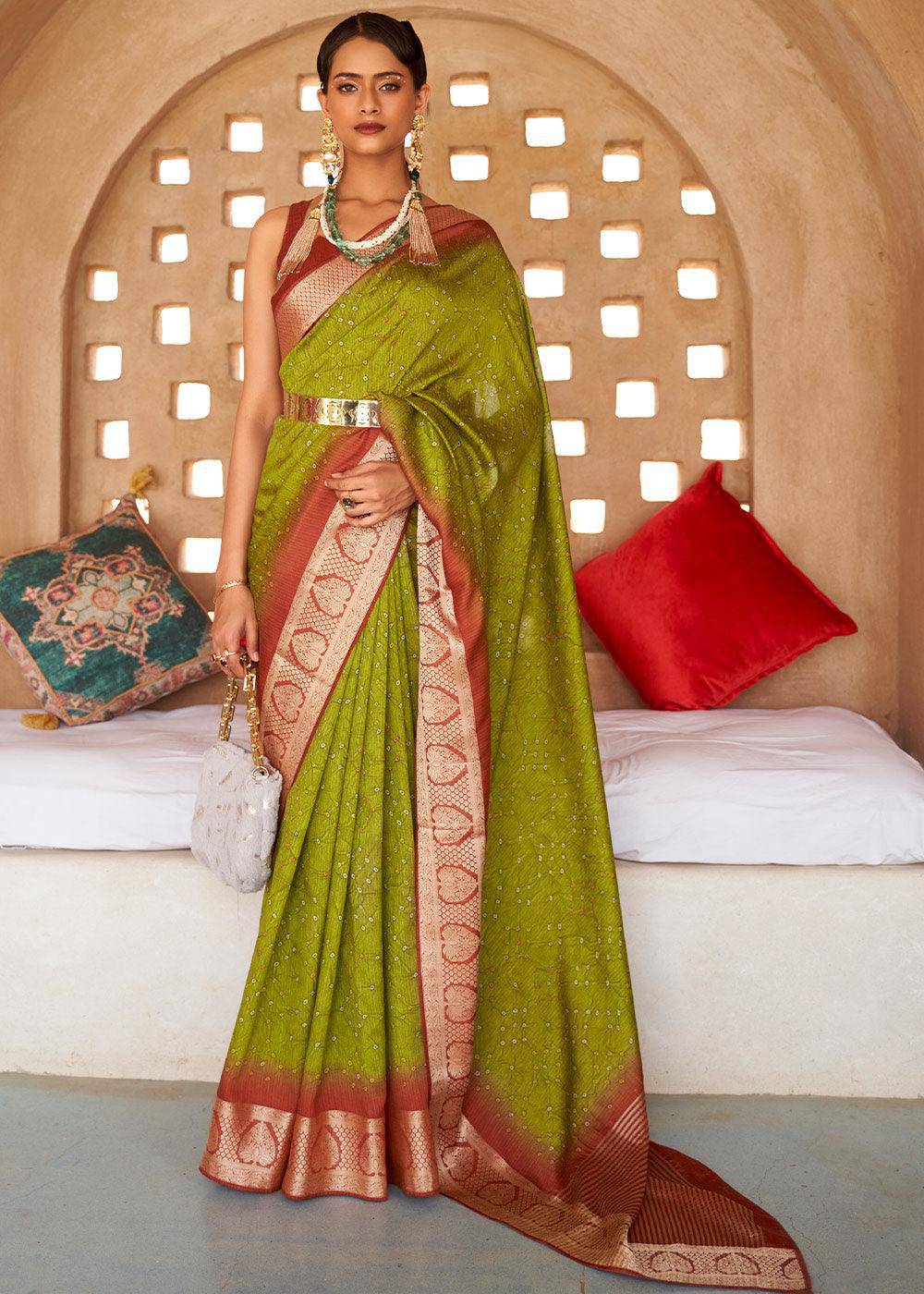 Avocado Green Bandhani Design Silk Saree with Jacquard Border & Pallu | Stitched Blouse - qivii