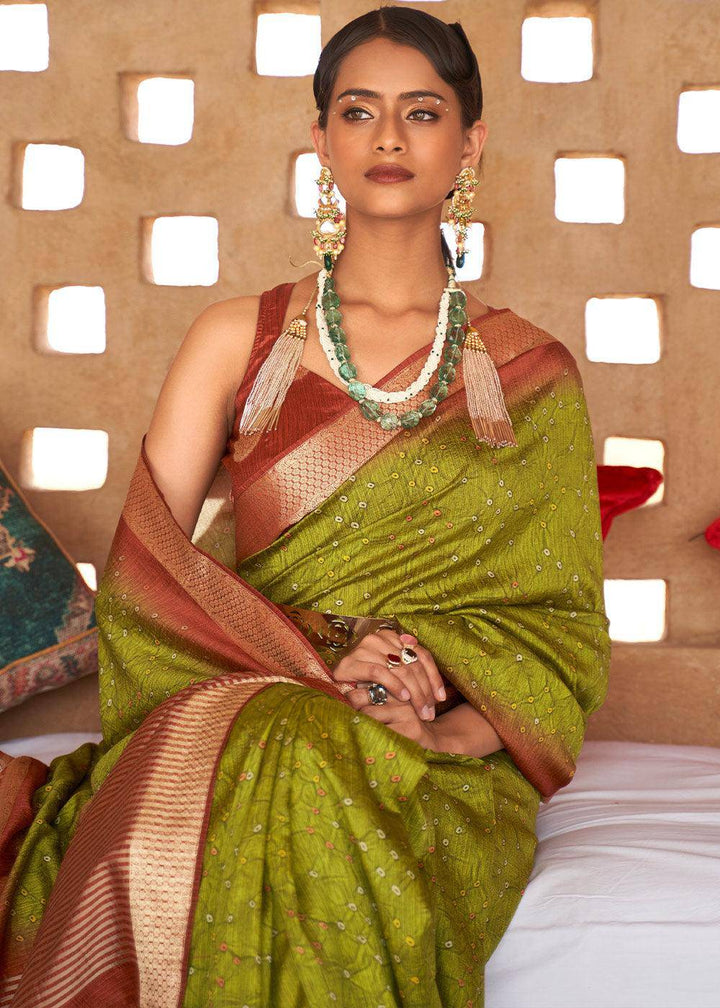 Avocado Green Bandhani Design Silk Saree with Jacquard Border & Pallu | Stitched Blouse - qivii