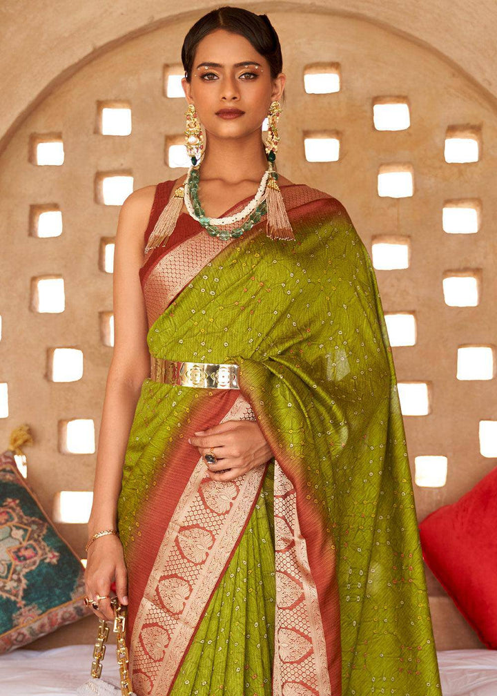 Avocado Green Bandhani Design Silk Saree with Jacquard Border & Pallu | Stitched Blouse - qivii