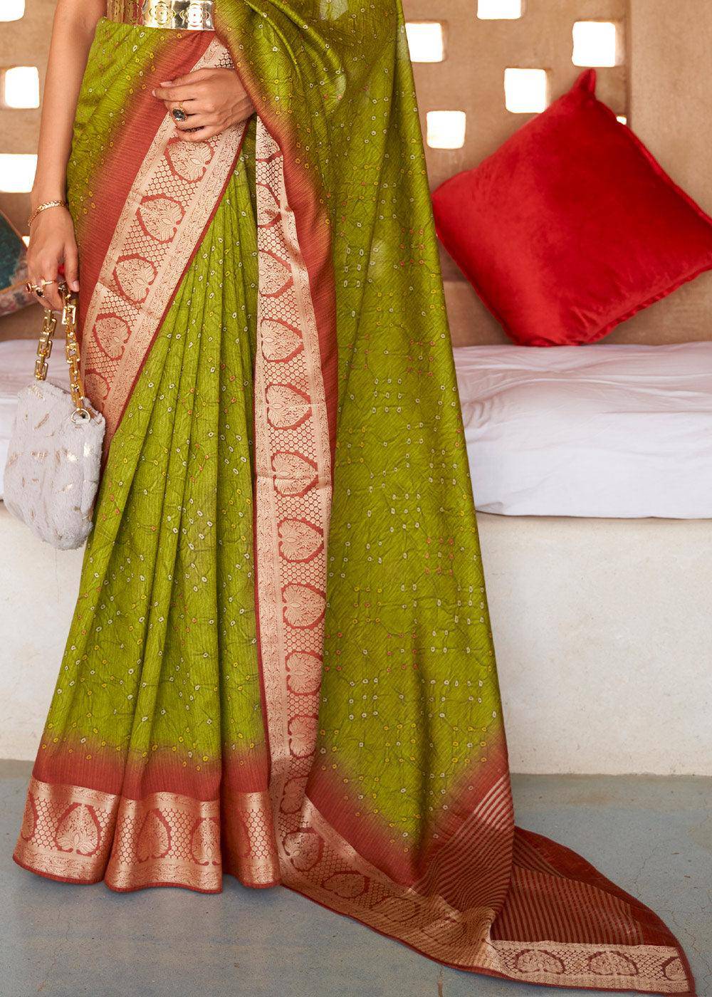 Avocado Green Bandhani Design Silk Saree with Jacquard Border & Pallu | Stitched Blouse - qivii