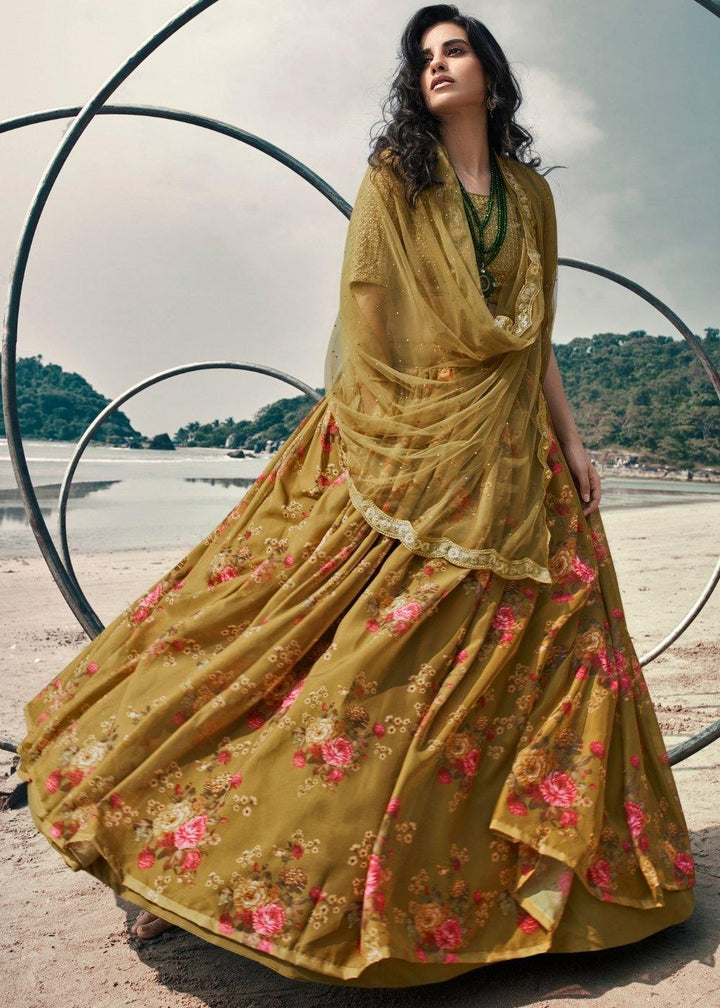 Avocado Green Designer Printed Organza Lehenga with Soft Net Dupatta - qivii