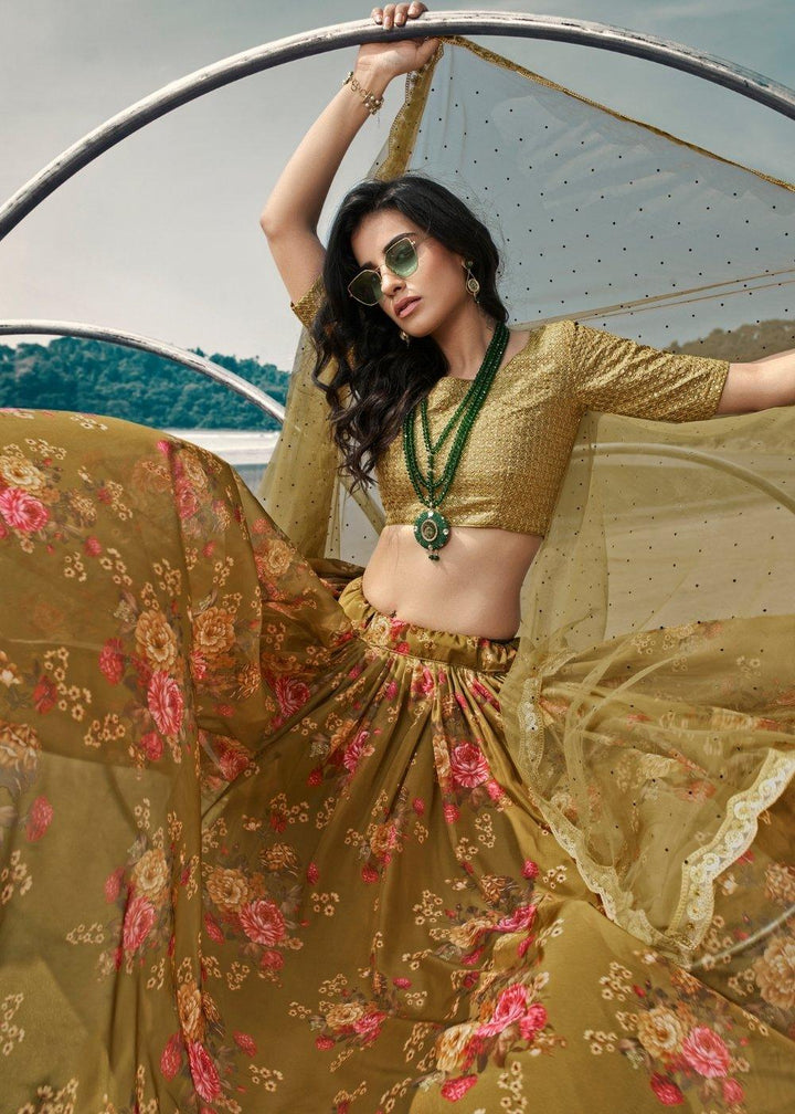 Avocado Green Designer Printed Organza Lehenga with Soft Net Dupatta - qivii