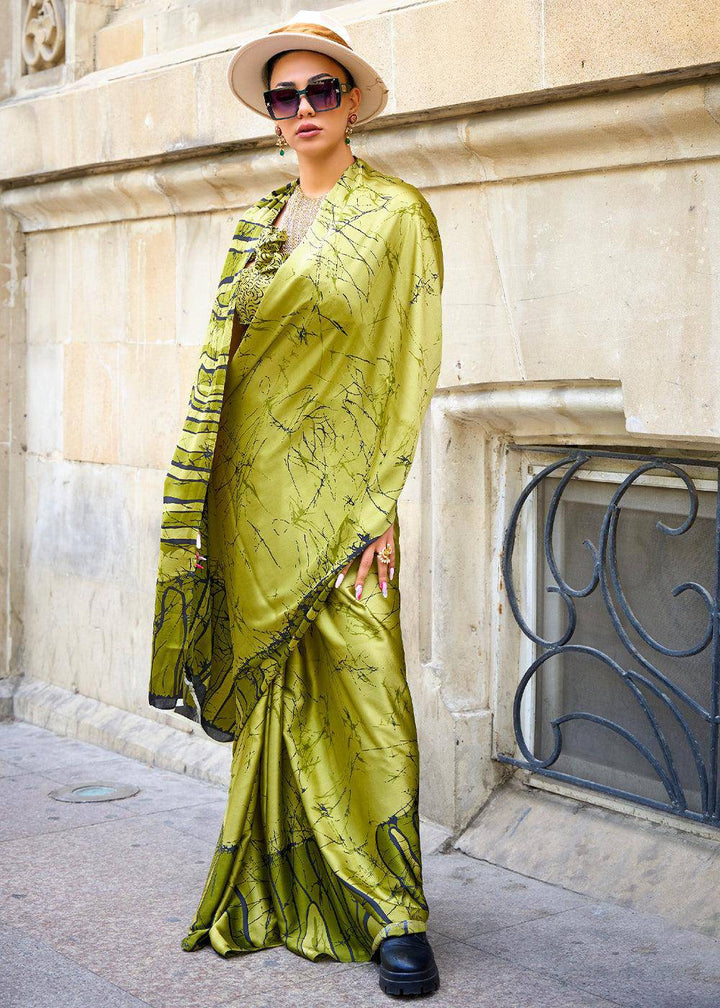 Avocado Green Designer Satin Crepe Printed Saree | Stitched Blouse - qivii