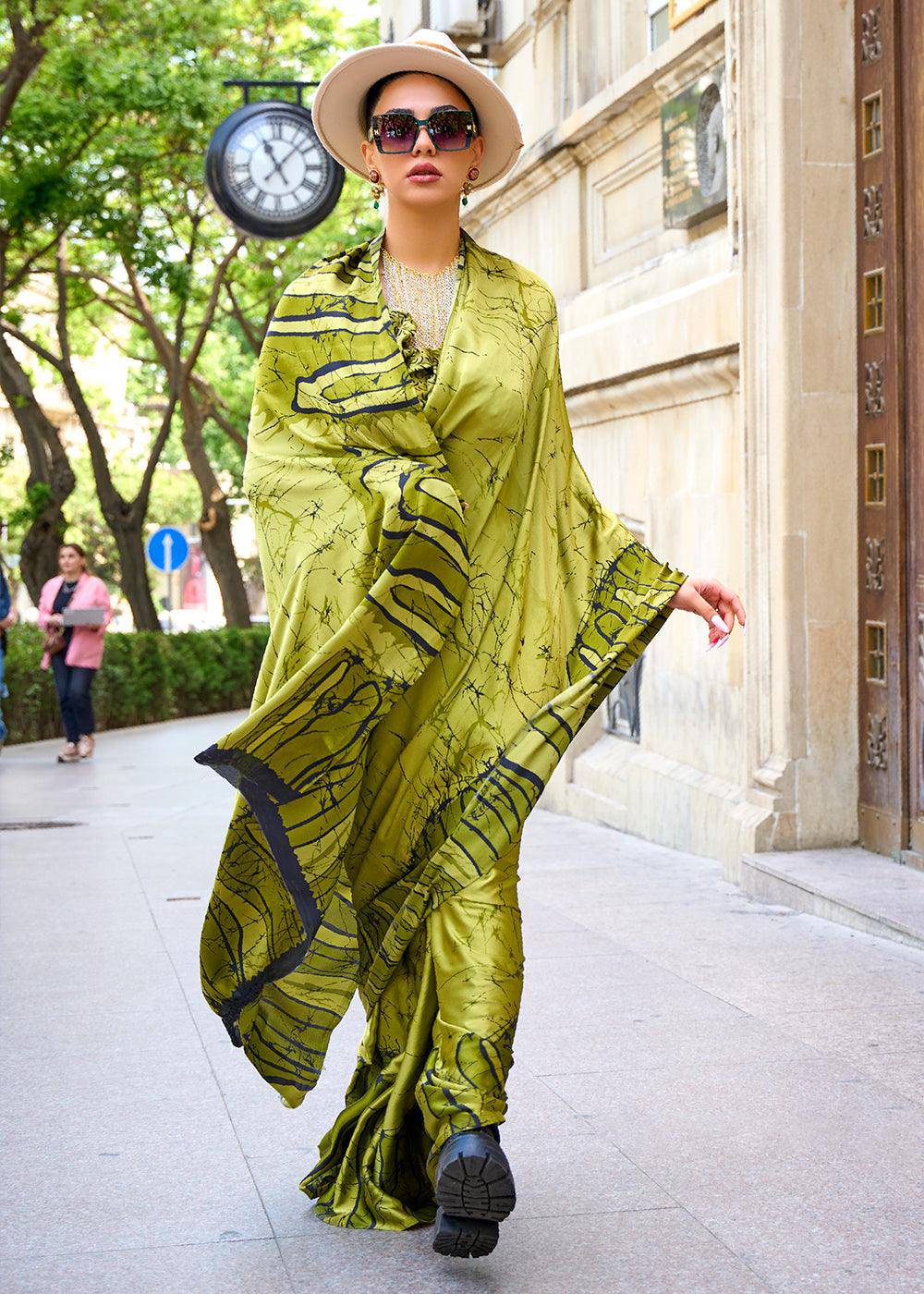 Avocado Green Designer Satin Crepe Printed Saree | Stitched Blouse - qivii