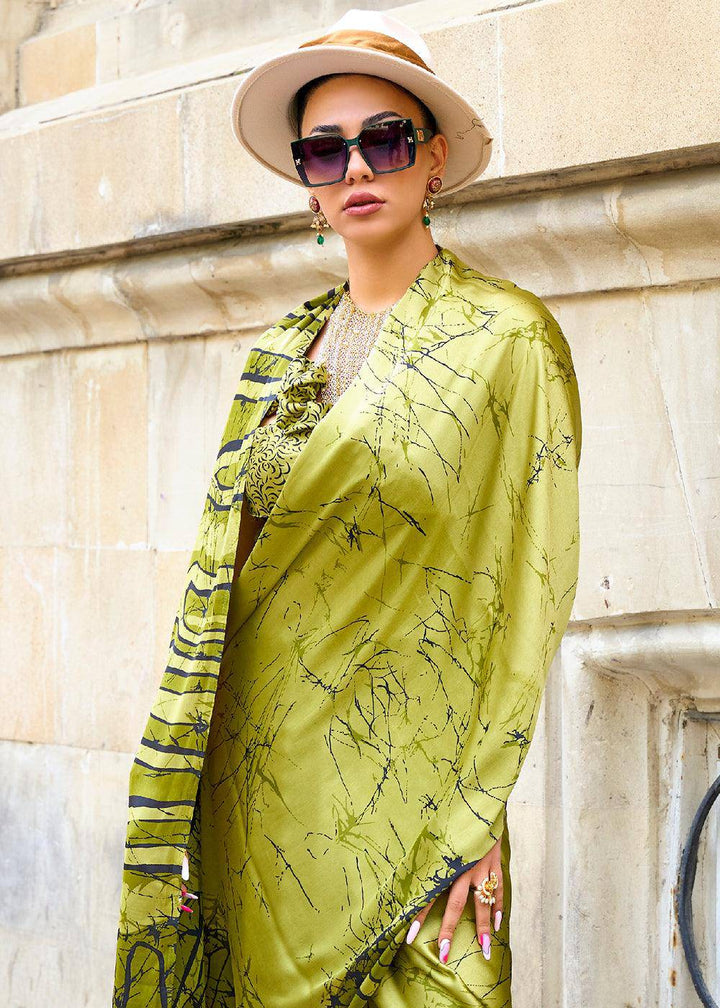 Avocado Green Designer Satin Crepe Printed Saree | Stitched Blouse - qivii