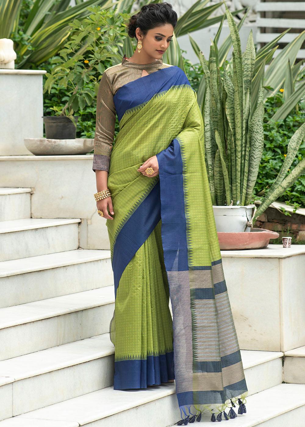 Avocado Green Designer Woven South Silk Saree | Stitched Blouse - qivii