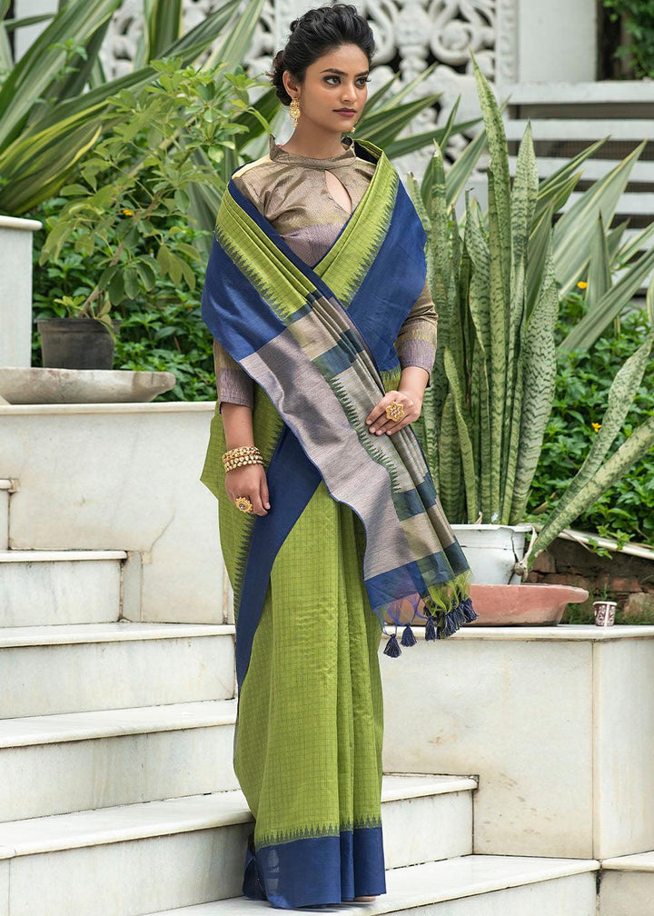 Avocado Green Designer Woven South Silk Saree | Stitched Blouse - qivii