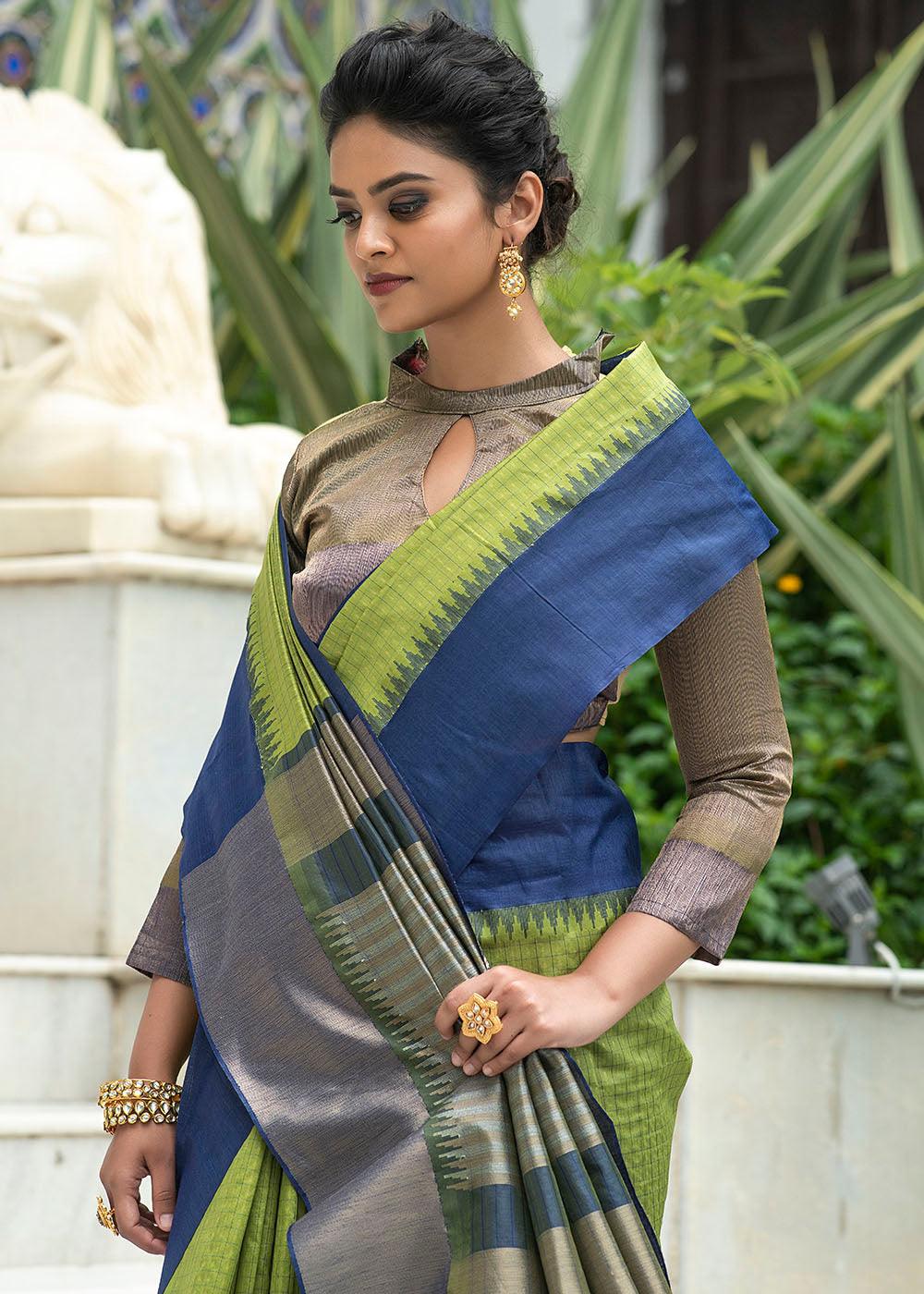 Avocado Green Designer Woven South Silk Saree | Stitched Blouse - qivii