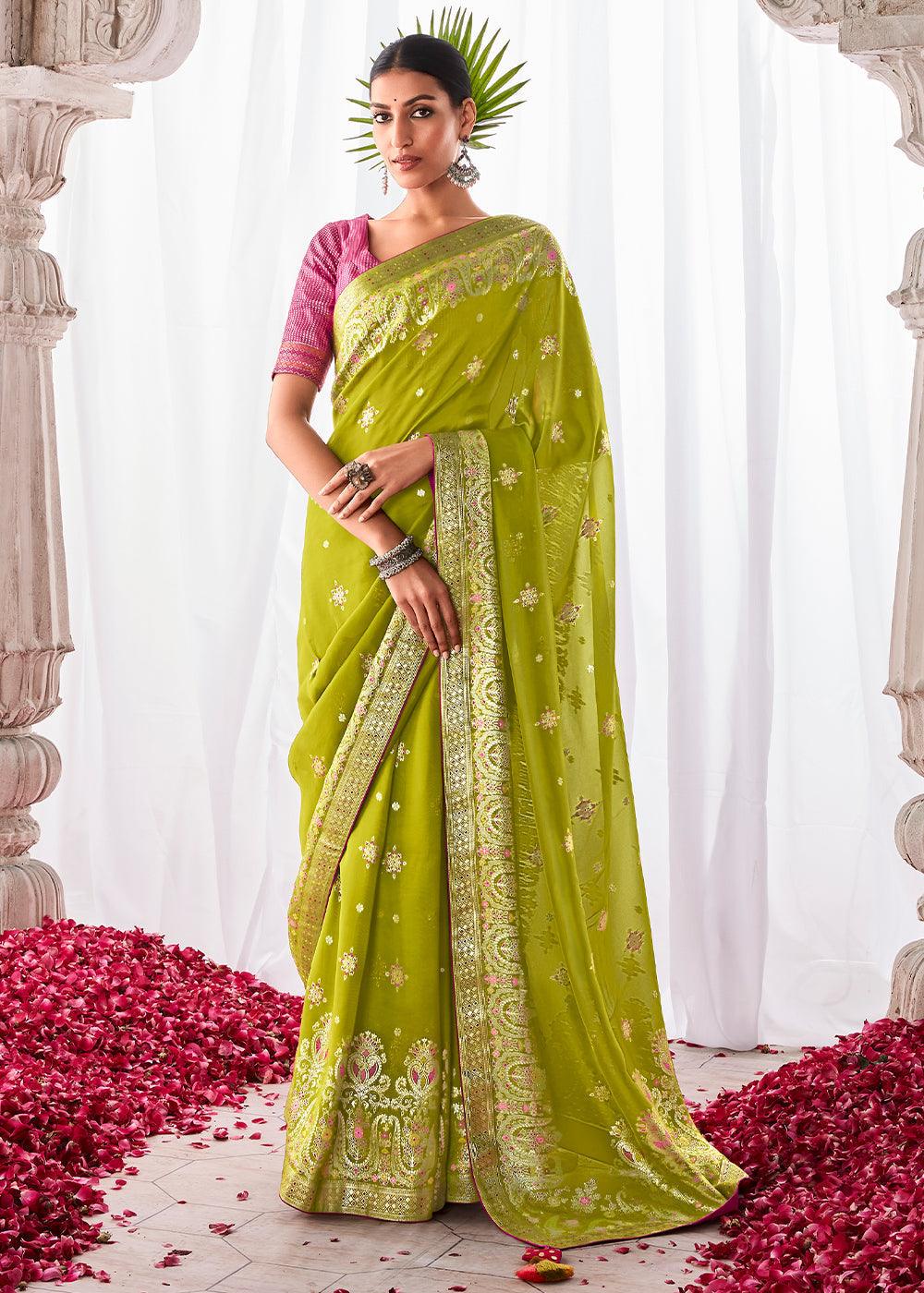 Avocado Green Kora Silk Saree with Meenakari Pallu & Designer Blouse - qivii