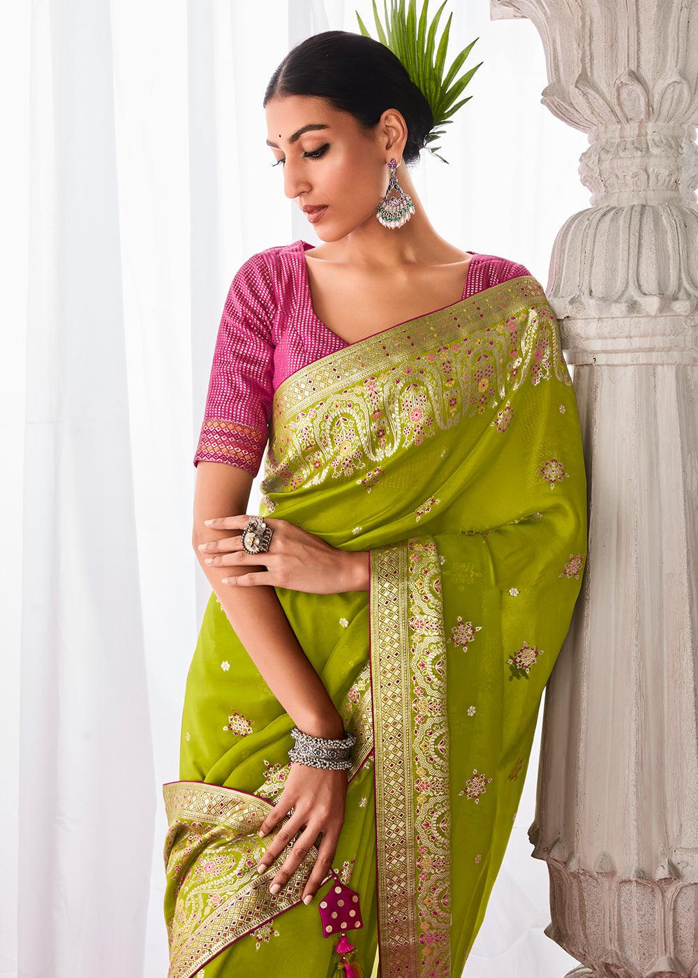 Avocado Green Kora Silk Saree with Meenakari Pallu & Designer Blouse - qivii