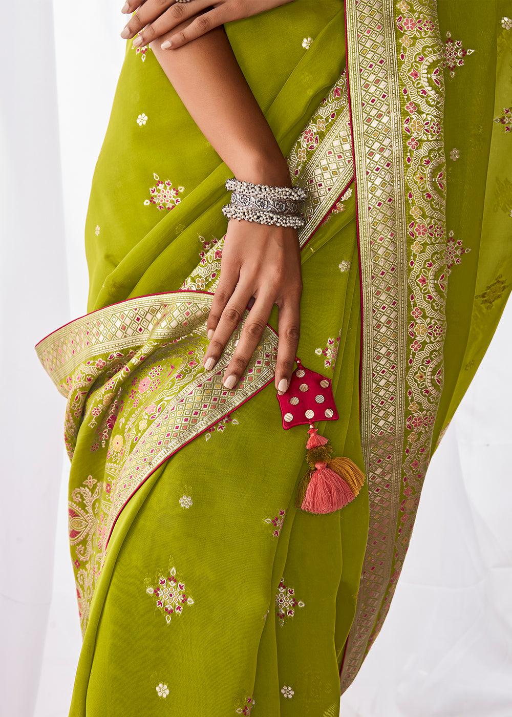 Avocado Green Kora Silk Saree with Meenakari Pallu & Designer Blouse - qivii