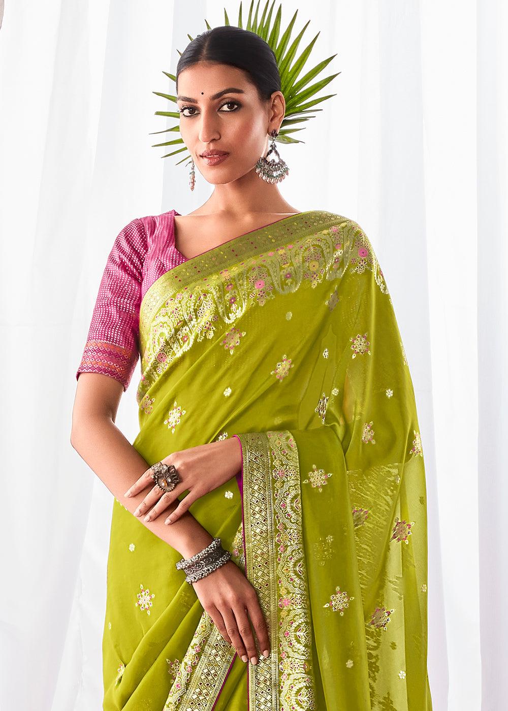 Avocado Green Kora Silk Saree with Meenakari Pallu & Designer Blouse - qivii