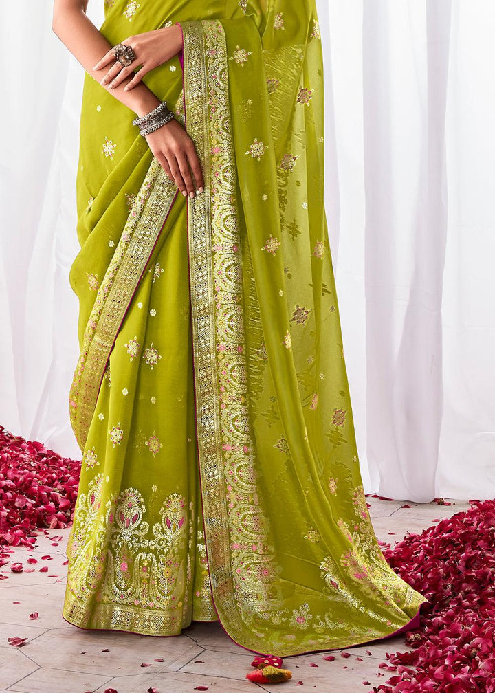 Avocado Green Kora Silk Saree with Meenakari Pallu & Designer Blouse - qivii