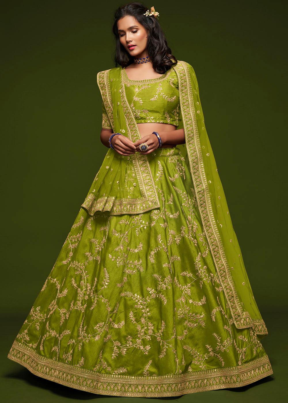 Avocado Green Silk Lehenga Choli with Thread,Zari,Dori & Sequins work - qivii