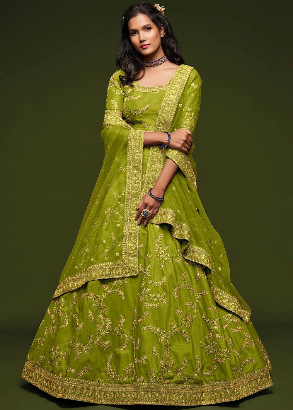 Avocado Green Silk Lehenga Choli with Thread,Zari,Dori & Sequins work - qivii