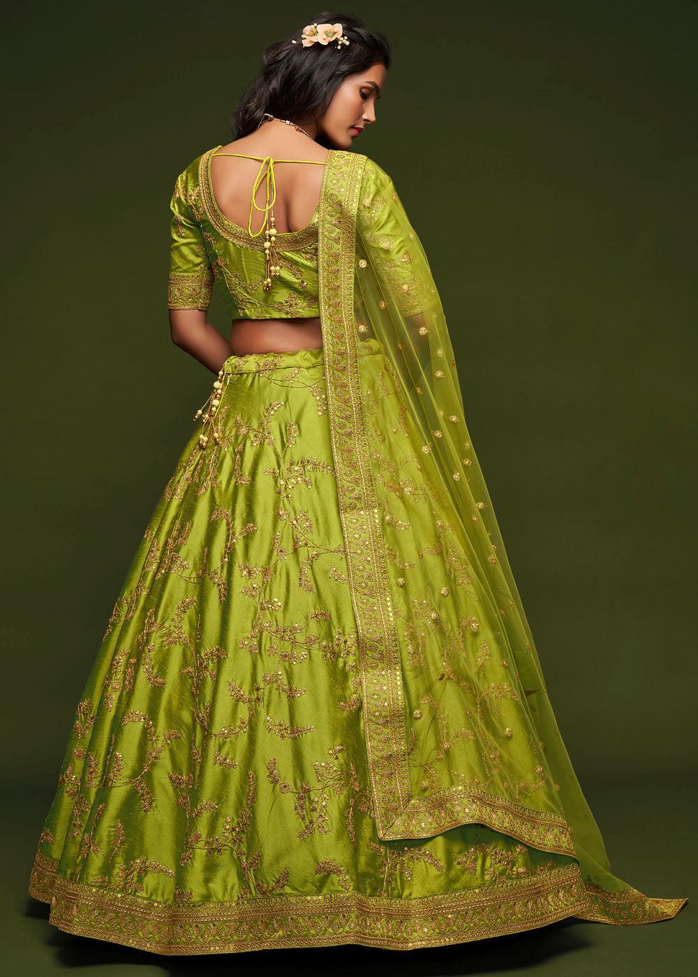 Avocado Green Silk Lehenga Choli with Thread,Zari,Dori & Sequins work - qivii