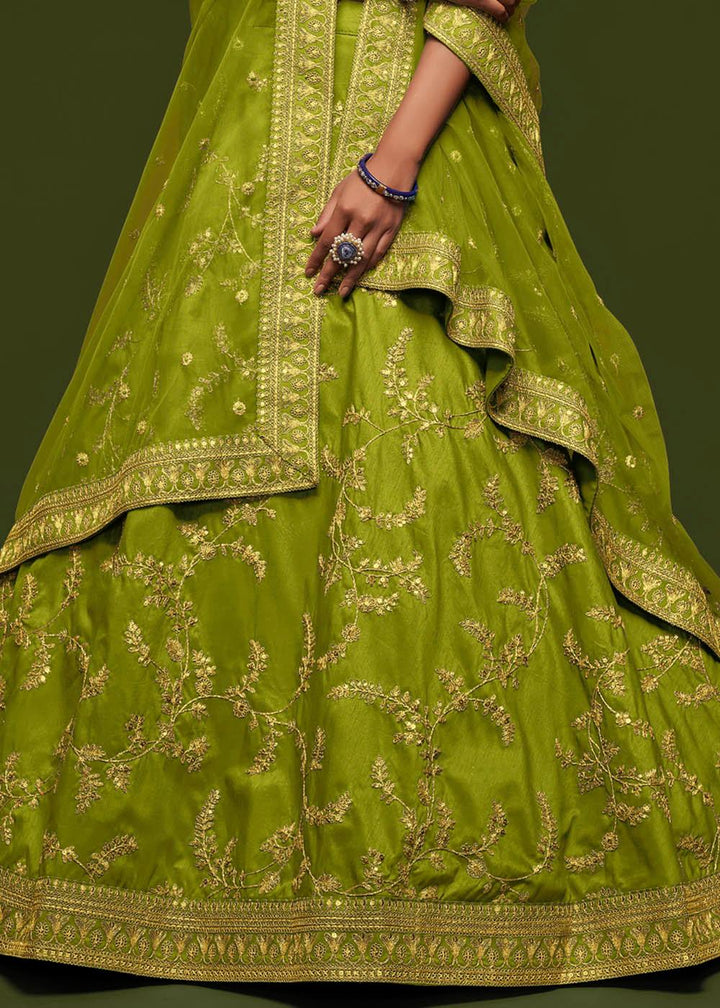 Avocado Green Silk Lehenga Choli with Thread,Zari,Dori & Sequins work - qivii