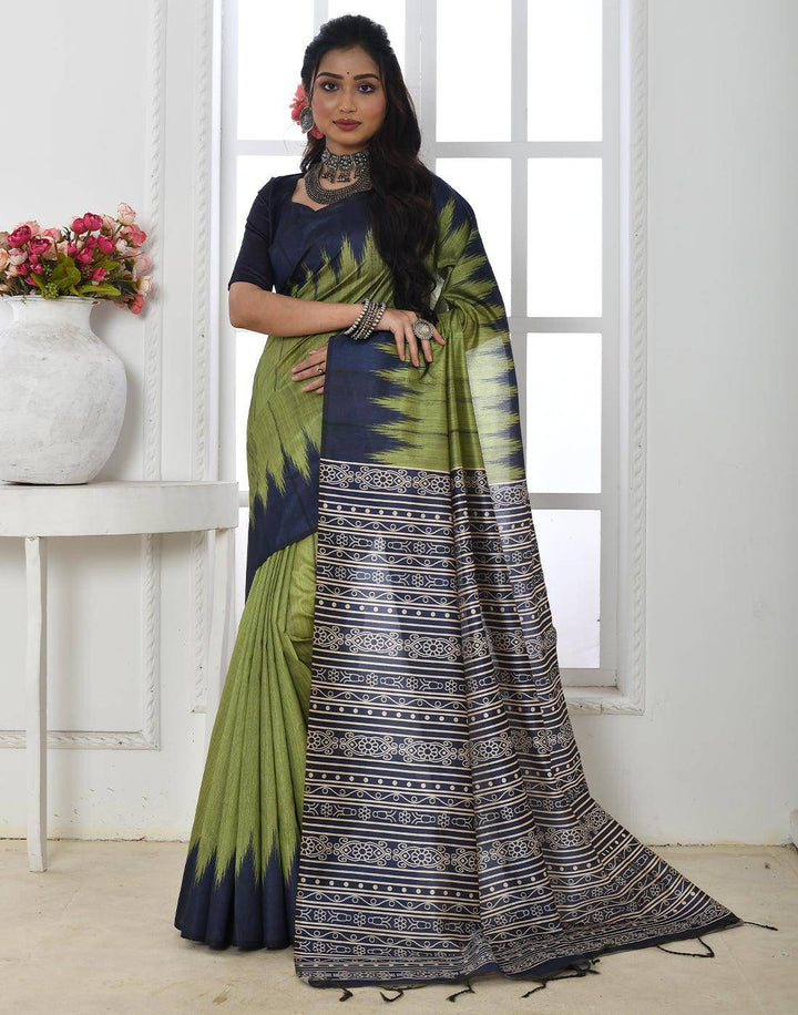 Avocado Green Tussar Silk Temple Print Saree | Stitched Blouse - qivii