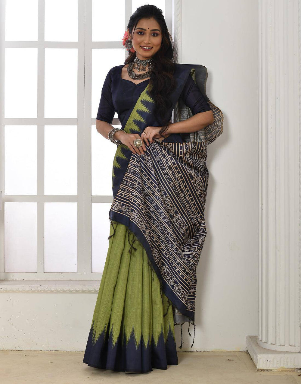 Avocado Green Tussar Silk Temple Print Saree | Stitched Blouse - qivii