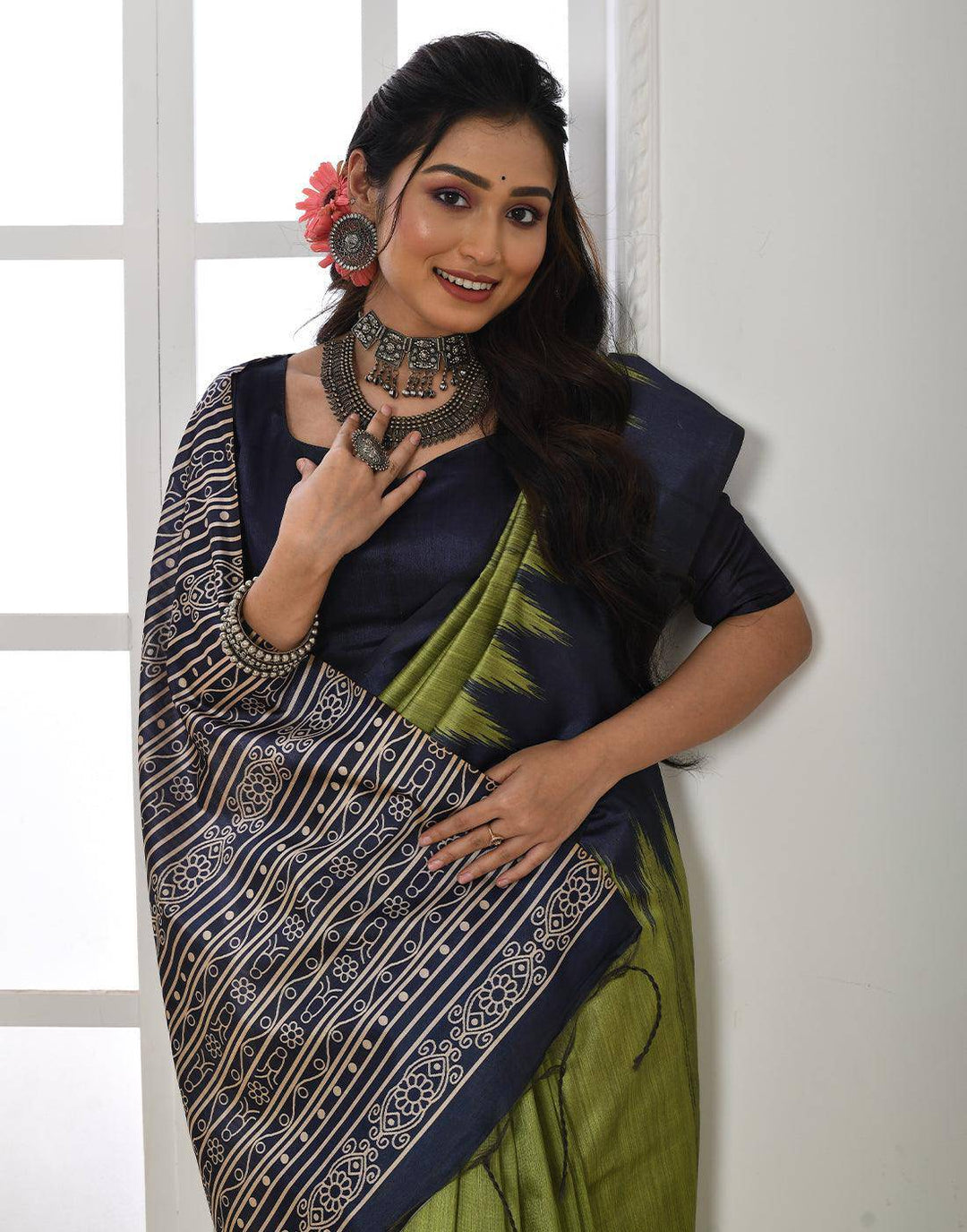 Avocado Green Tussar Silk Temple Print Saree | Stitched Blouse - qivii