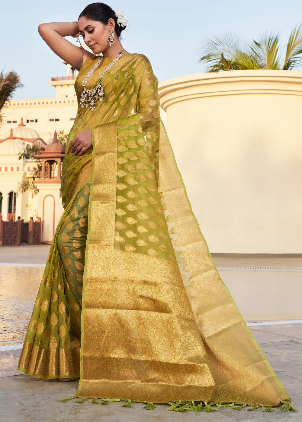 Avocado Green Woven Organza Saree - qivii