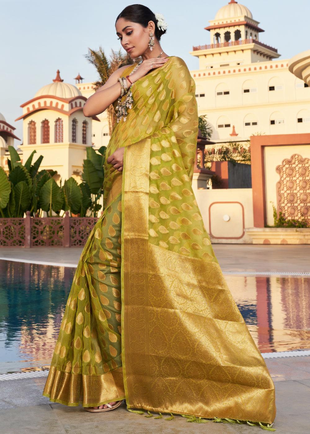 Avocado Green Woven Organza Saree - qivii