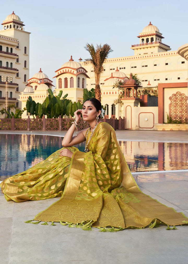 Avocado Green Woven Organza Saree - qivii