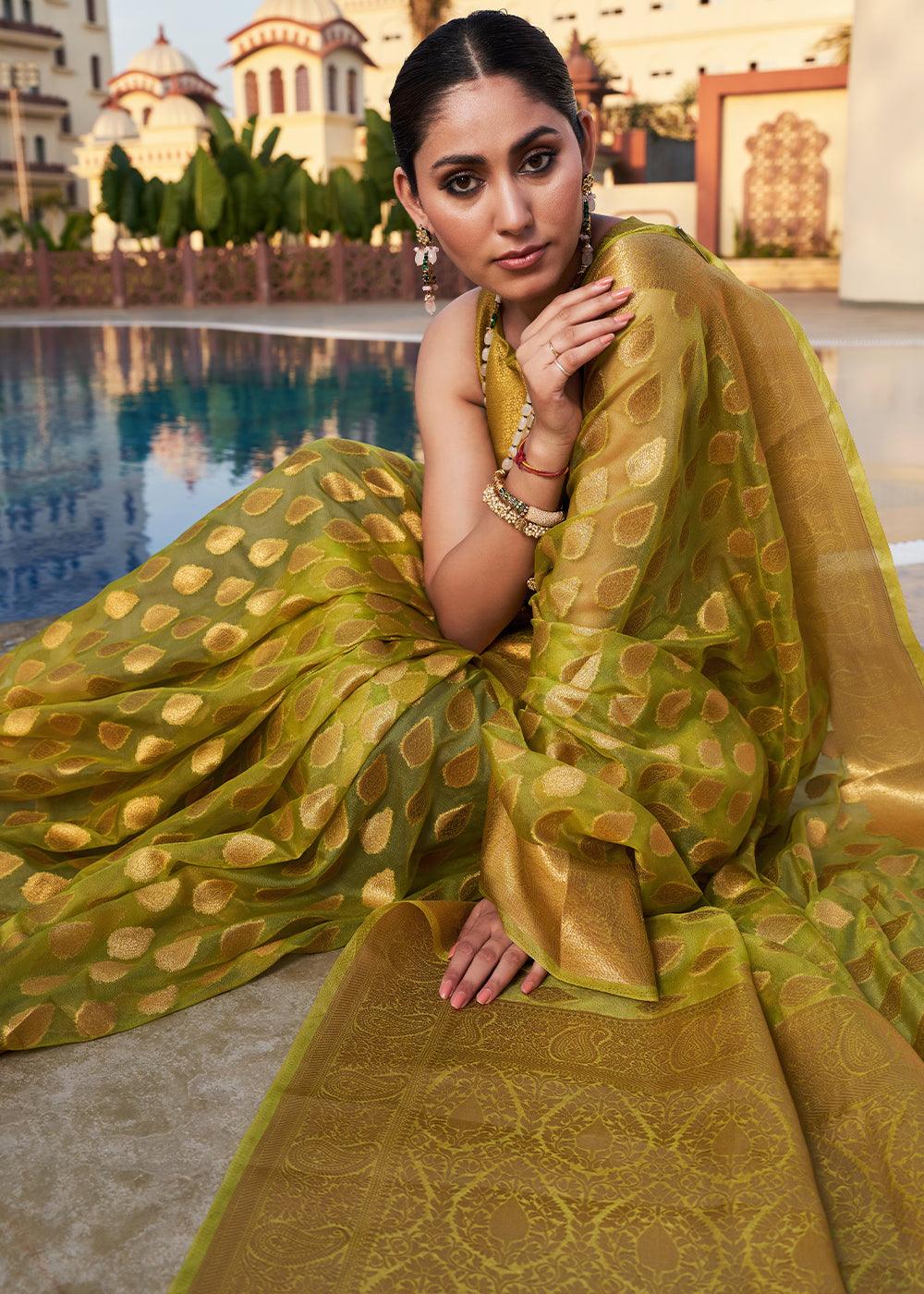 Avocado Green Woven Organza Saree - qivii