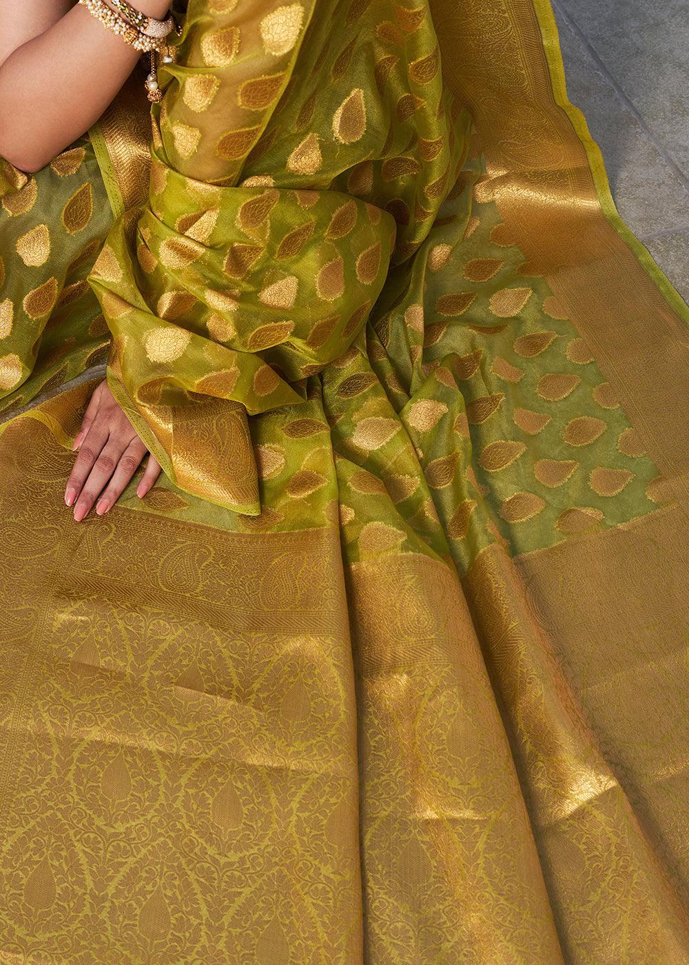 Avocado Green Woven Organza Saree - qivii