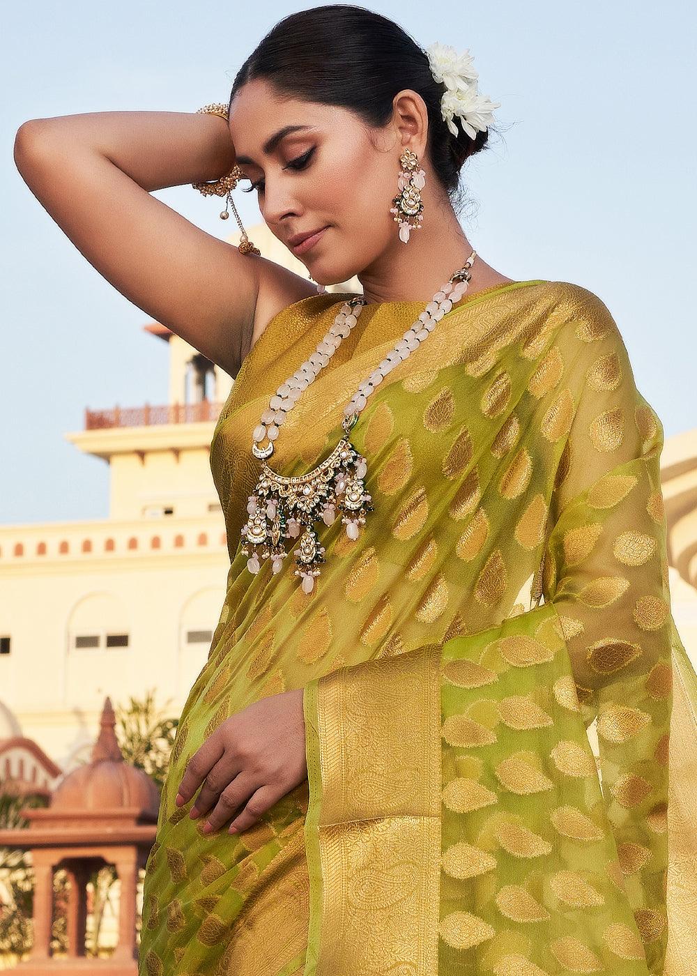 Avocado Green Woven Organza Saree - qivii