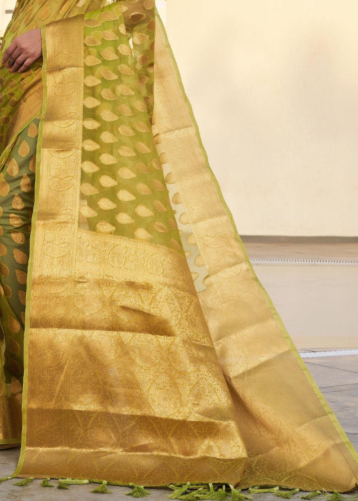 Avocado Green Woven Organza Saree - qivii