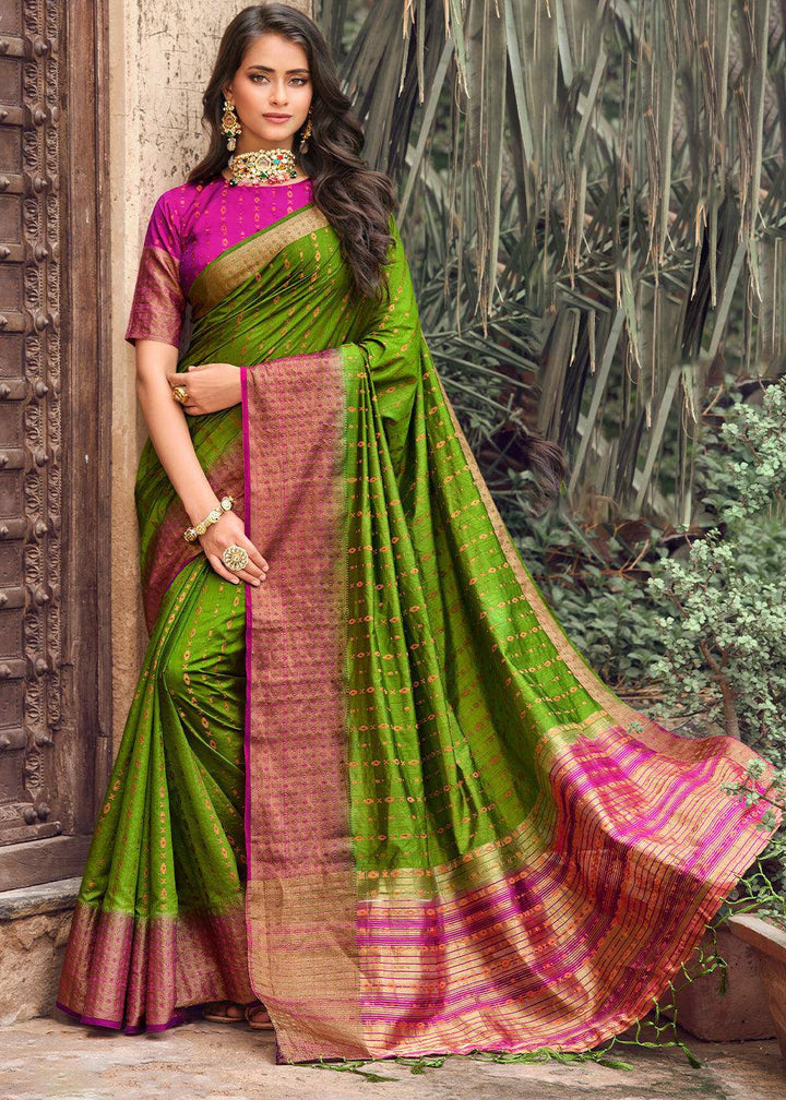 Avocado Green Zari Butta Woven Raw Banarasi Silk Saree | Stitched Blouse - qivii