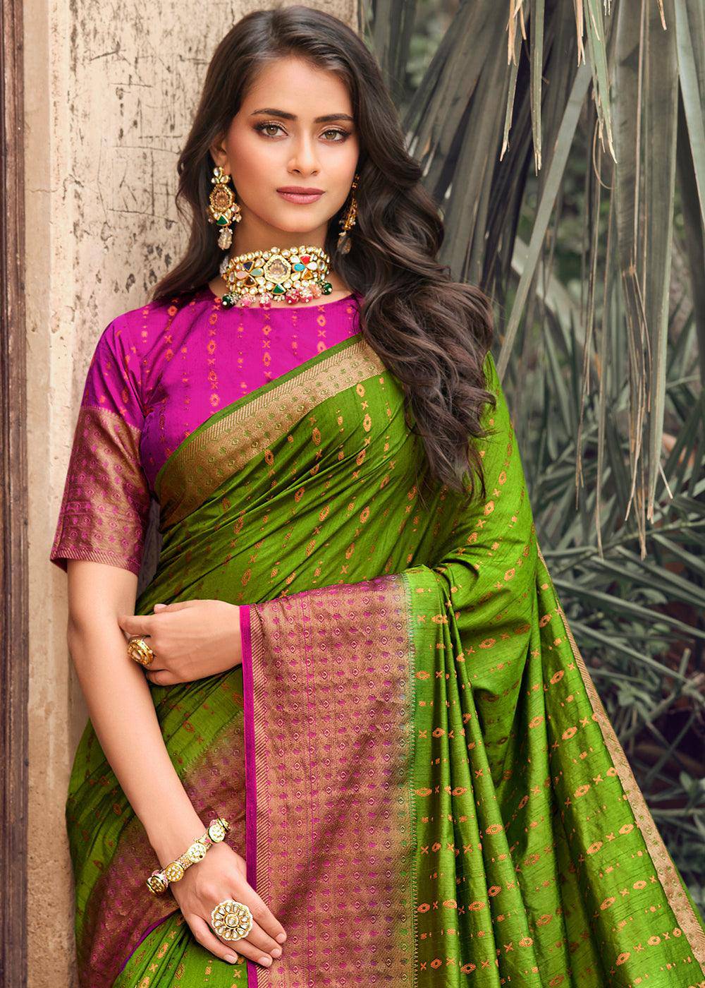 Avocado Green Zari Butta Woven Raw Banarasi Silk Saree | Stitched Blouse - qivii