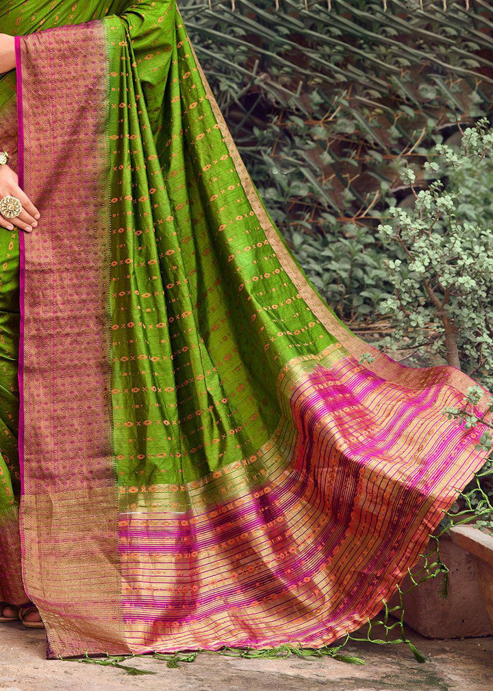 Avocado Green Zari Butta Woven Raw Banarasi Silk Saree | Stitched Blouse - qivii